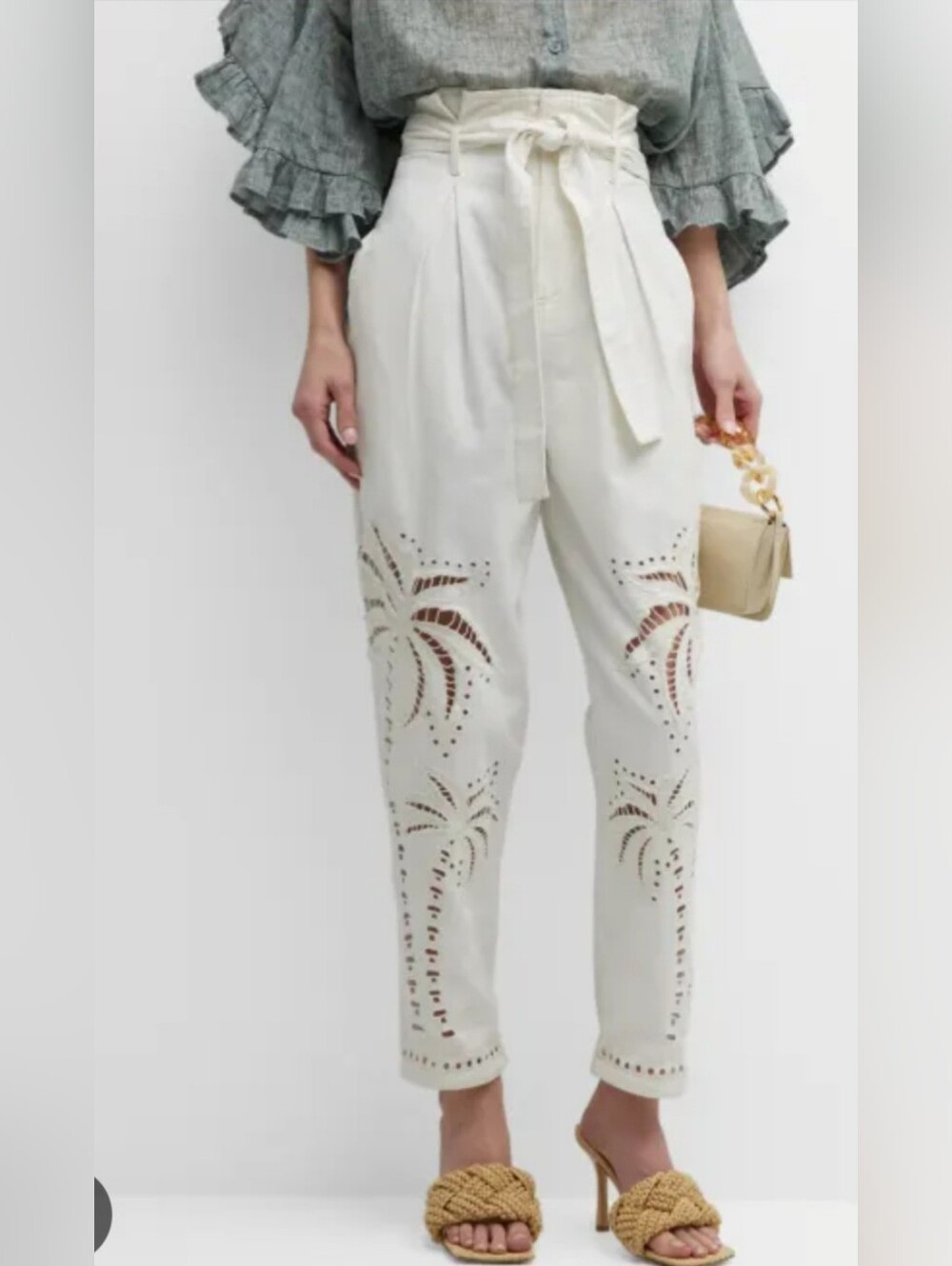 Farm Rio Women's Dalma Pleated High-Rise Eyelet Pants with a palm tree design